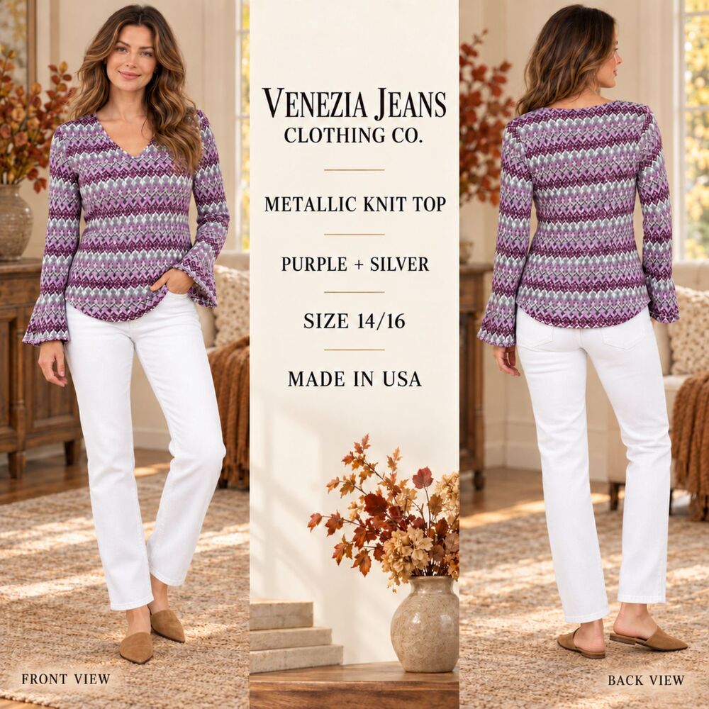 Venezia Jeans Purple Geometric Chevron Print Bell Sleeve Knit Top Womens 14/16